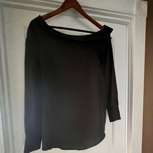 Black Satin asymmetrical off the shoulder top.